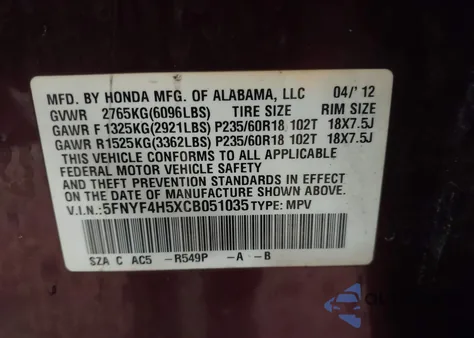 2012 Honda Pilot Ex-L from USA, damaged, VIN 5FNYF4H5XCB051035